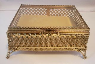 Vtg Stylebuilt Large Gold Casket Trinket Jewelry Box Beveled Glass Matson