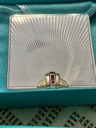 Tiffany & Co.  Sterling Silver & 14 K Yellow Gold Faux Ruby Square Compact,  Box