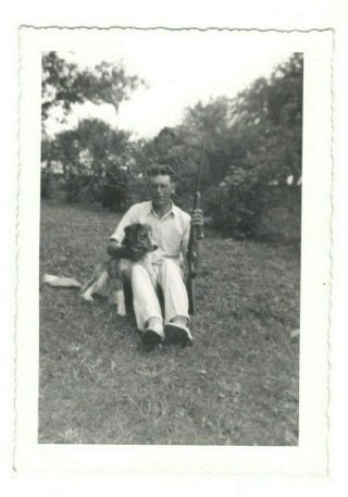 Vintage Photo Man Posing With Hunting Dog And Rifle 1940 