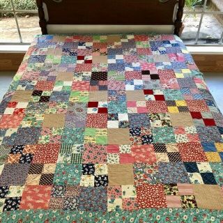 Vintage Hand Pieced Feed Sack Novelty Prints Double Four Patch Quilt Top