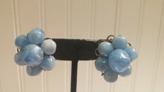 Vintage Light Goldtone Blue Plastic Bead Cluster Clip - On Earrings