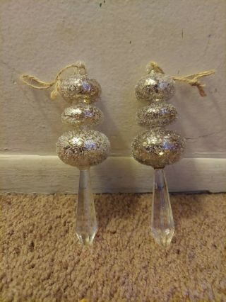 Set Of 2 Vintage Mercury Glass Crystal Hanging Christmas Decoration Ornaments 6 "