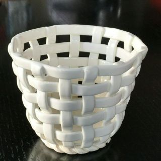 Vintage White Glazed Porcelain Ceramic Woven Pottery Basket Weave Planter Spain
