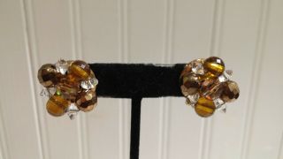 Vintage St Metal Clear Crystal Faux Amber Bead Cluster Clip - On Earrings