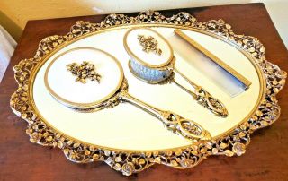 24k Gold Plate Vanity Set Tray,  Brush,  Hand Mirror Matson Usa