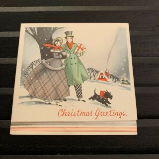 Vintage Greeting Card Christmas Scottish Terrier Scottie Dog Couple Gifts Green