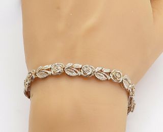 925 Sterling Silver - Vintage Shiny Rose Flower Link Chain Bracelet - B8682