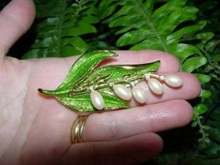 Vintage Monet - Faux Pearl - Lily Of The Valley Enamel Pin - Flower Leaf Brooch