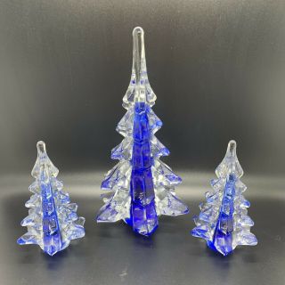 Vtg Glass Crystal Christmas Trees Set Of 3 Clear Blue Decoration Euc