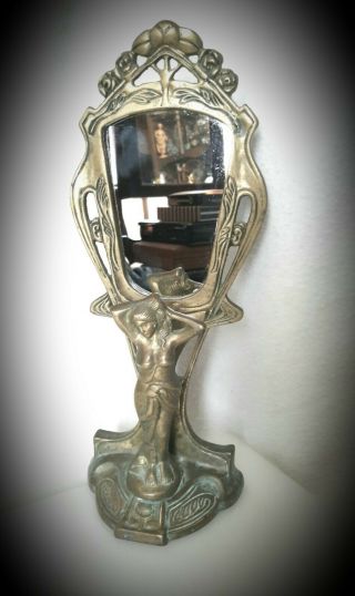 Vintage▪11.  5 " ▪solid Brass▪art Nouveau▪lady Nymph Vanity Table Top Mirror