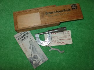 Vintage Brown & Sharpe No.  8 Micrometer Caliper 0 - 1 " In Wood Box Usa