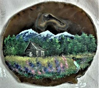 VTG Hand Painted Brown Geode with Stand - Cabin in Mountains - 5.  50 