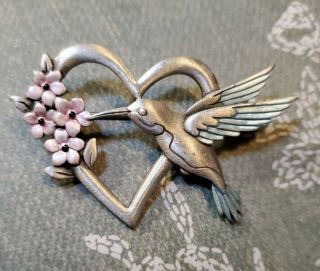 Vintage Signed Jj Jonette Jewelry Pewter Hummingbird Heart & Flowers Pin Brooch