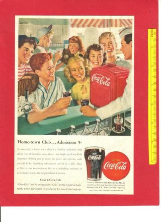 Vintage & 1947 Coca - Cola Color Art Ad: Teens At The Soda Fountain 6x9 "