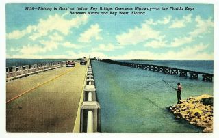 Vintage Linen Postcard Key West Florida Fl Fishing At The Indian Key Bridge Hwy