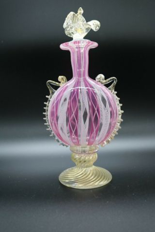 Murano Venetian Italy Pink Gold Ribbon Latticino Glass Footed Perfume Bottle