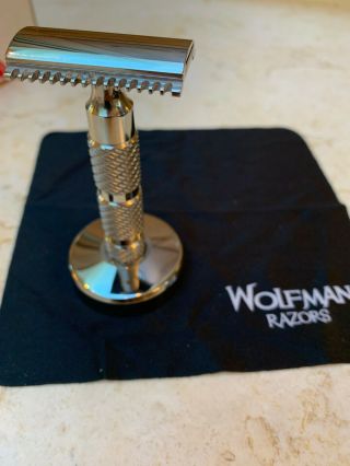 Wolfman Wr1.  80 Safety Razor With Wrh1 Handle And Wra1 Stand Mirror Polished