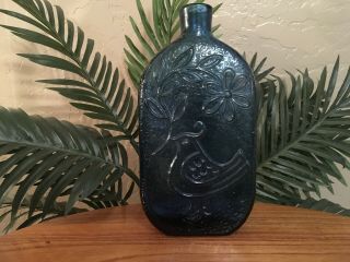 Vintage Mid Century Blenko Wayne Husted Aqua Blue Bird W/ Flower Bottle