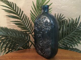 Vintage Mid Century Blenko Wayne Husted Aqua Blue Bird w/ Flower Bottle 2
