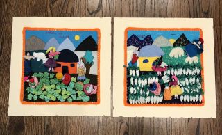Set Of 2 Vintage Mexican Folk Art Felt Cloth Wall Hanging Embroidered