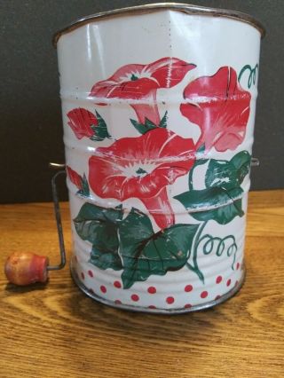 Vintage Metal Flour Sifter Mid Century Shabby Chic,  Wood Knob Crank /Red Flowers 2