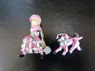 Vintage Novelty Nursery Rhyme Mary Had A Little Lamb Pin Brooch Set Pink Jeweled