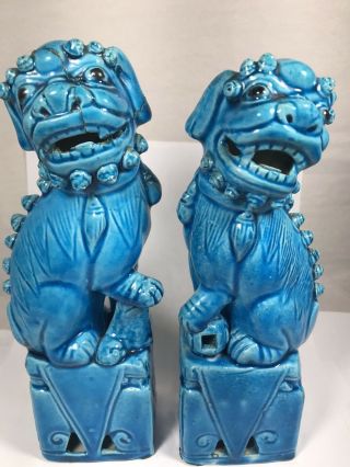 Vintage Turquoise Blue Chinese Foo Dog Lion Figurine Statues 8 Inches Tall