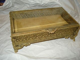 Vtg Stylebuilt Large Gold Casket Trinket Jewelry Box Beveled Glass 9 " X 6 "
