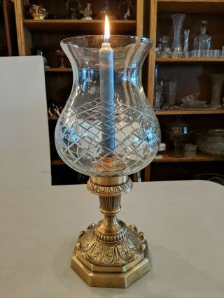 Vintage Large 15 " Crystal Glass Hurricane Candle Holder Lamp Brass Base