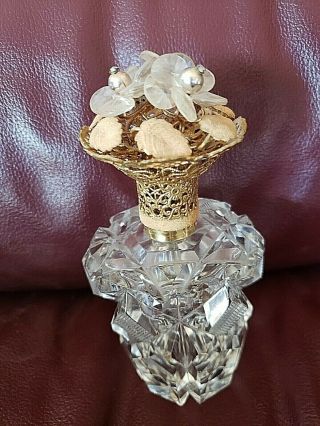 Vintage Gold Ormolu Ornate Perfume Bottle W/dauber Diamond Cut Glass 6”
