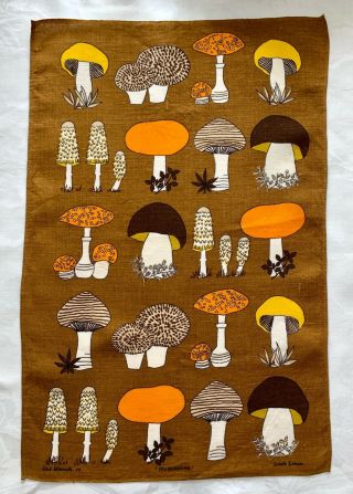 Vintage Mcm Mushroom Pattern Irish Linen Towel Old Bleach