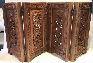 Vintage Hand Carved Wood Tabletop Screen 4 Panels Each 12” H X 6” Folding