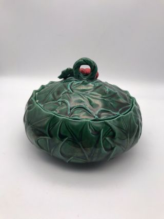 Vintage Lefton Ceramic Candy Dish With Lid Holly Berry Green & Red Christmas