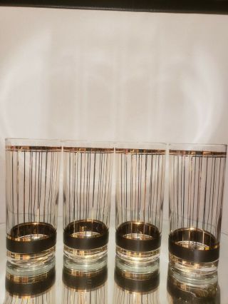 4_vintage Culver 22k Gold Barware Highball Glasses Devon Black W Stripe Mcm 14oz