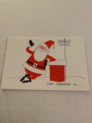 Vintage Greeting Card Christmas Santa Claus Chimney Antenna