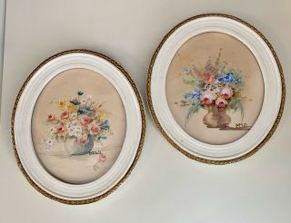 Pair Vintage Framed 7.  5” Water Color Floral Paintings Signed
