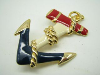 Vintage Gold Tone Large Brooch Pin Red/white/blue Anchor Rope/chain Nautical [b