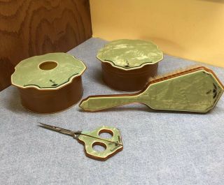 Vintage Celluloid Bakelite Green & Gold Dresser Vanity Set,  Brush Scissors,  Etc