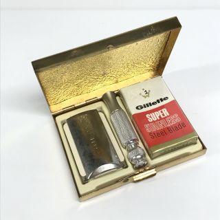 Vtg 1967 Gillette Razor Travel Shaving Kit Gold Tone Case M2 Jeweled ?