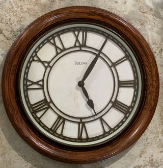 Vintage Bulova Wood Wall Clock Roman Numerals 16 " Mission Craftsman Pre - Owned
