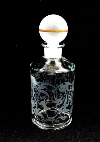 French Clear Glass Art Nouveau Etched Gold Striped 6 1/2 " Cologne Bottle 1970 