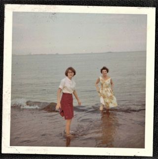 Vintage Photograph Two Women In Dresses Standing In Ocean / Water