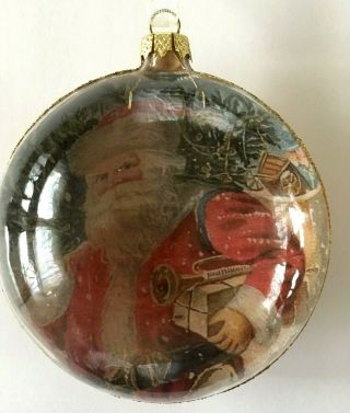 Christmas Ornament Old Fashion Santa Glass Round Vintage Hand Crafted