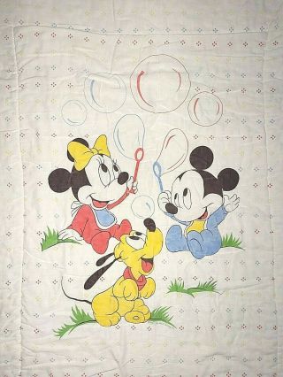 Vintage Walt Disney Co 1984 Mickey Mouse Minnie Goofy Bubbles Crib Blanket Quilt