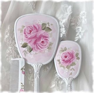 Hp Hand Mirror Vanity Set Shabby Cottage Chic Hand Painted Roses Vintage Pink
