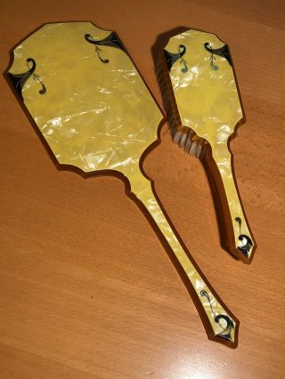 Vintage Celluloid Handheld Mirror And Brush Set,  Yellow Pearlescent Art Deco Set