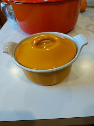 Vintage Le Creuset Cast Iron Yellow - Orange Round 1/2 Qt Pot With Lid 14