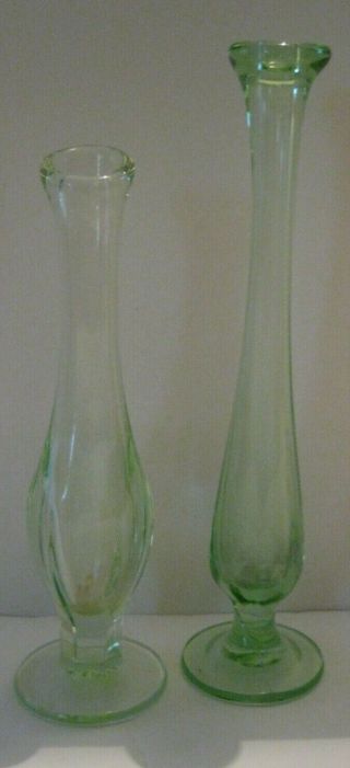 Vintage Green Depression Glass Bud Vase Pair 8 1/2 And 7 Inches Tall