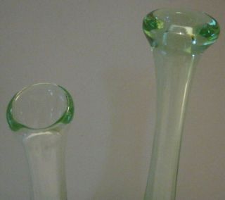 Vintage Green Depression Glass Bud Vase Pair 8 1/2 and 7 inches tall 2