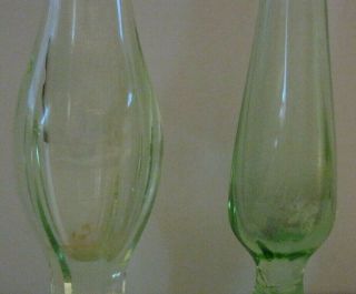 Vintage Green Depression Glass Bud Vase Pair 8 1/2 and 7 inches tall 3